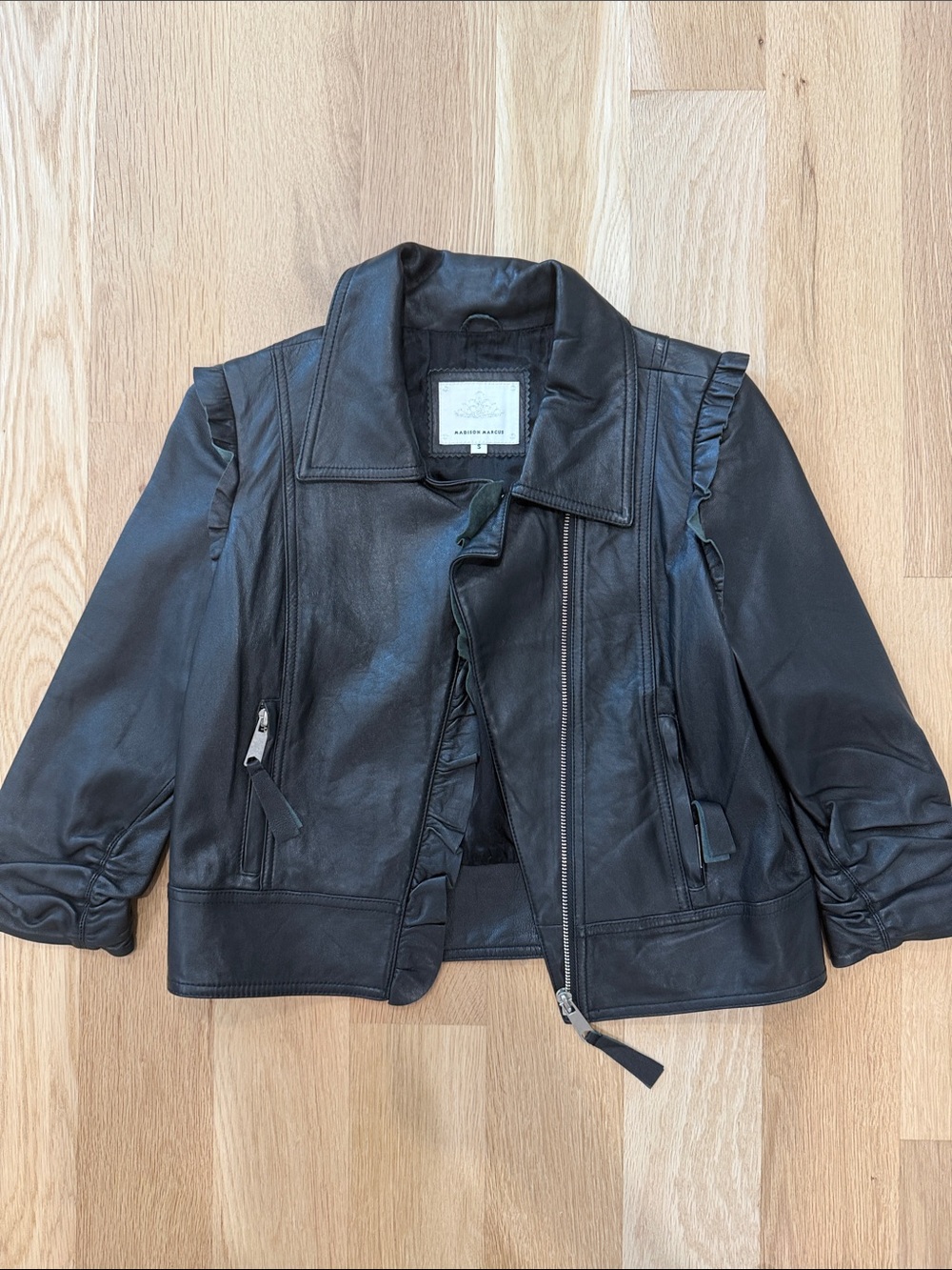 Madison Marcus Black Leather Ruffle-Trim Zip Jacket